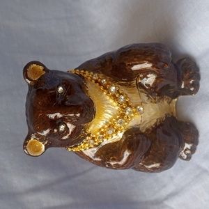 WORK OF ART COLLECTIBLE BROWN BEAR TRINKET BOX ENAMELED W  SWAROVSKI CRYSTALS